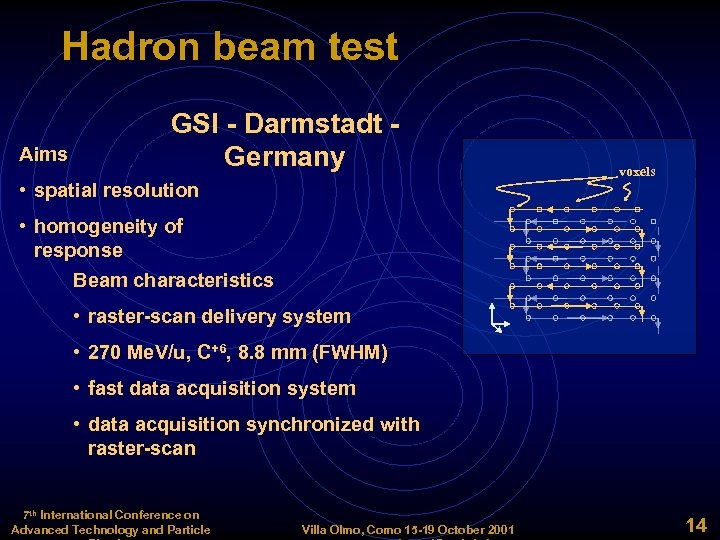 Hadron beam test Aims GSI - Darmstadt Germany • spatial resolution voxels • homogeneity