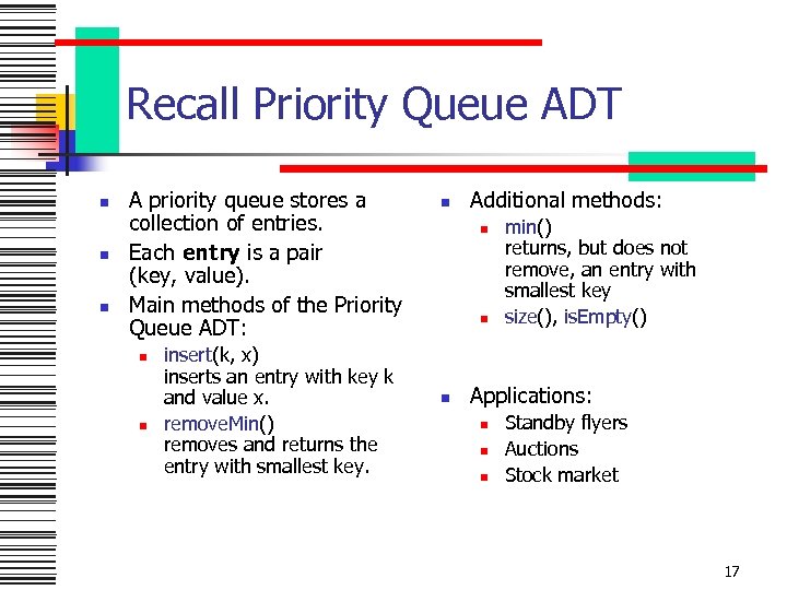 Recall Priority Queue ADT n n n A priority queue stores a collection of