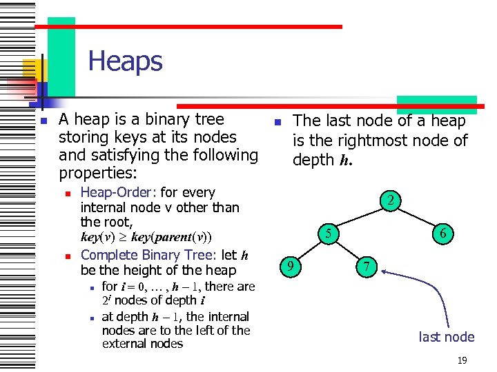 Heaps n A heap is a binary tree storing keys at its nodes and