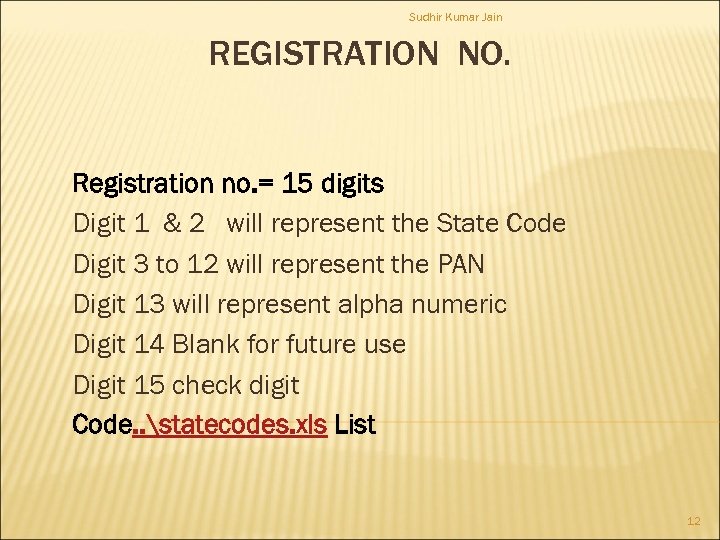 Sudhir Kumar Jain REGISTRATION NO. Registration no. = 15 digits Digit 1 & 2