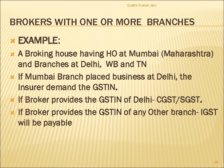 Sudhir Kumar Jain BROKERS WITH ONE OR MORE BRANCHES EXAMPLE: A Broking house having