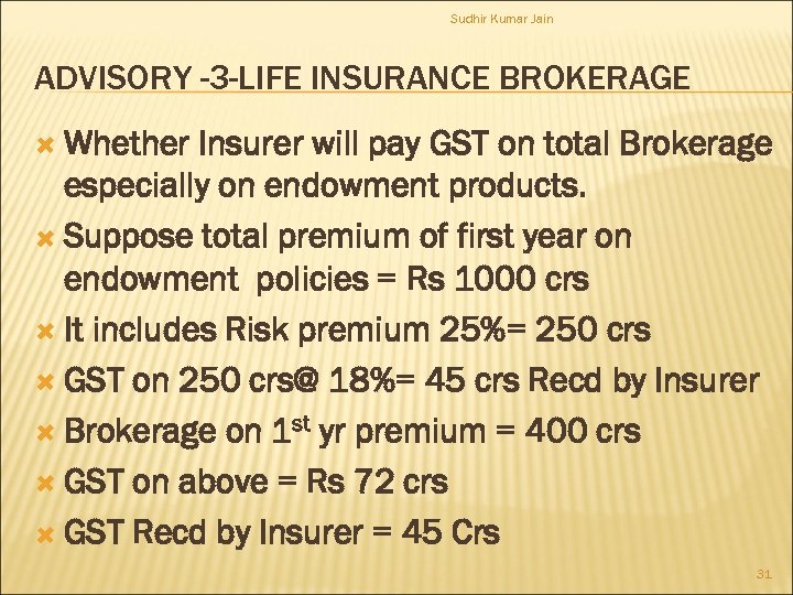 Sudhir Kumar Jain ADVISORY -3 -LIFE INSURANCE BROKERAGE Whether Insurer will pay GST on