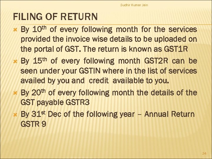 Sudhir Kumar Jain FILING OF RETURN By 10 th of every following month for