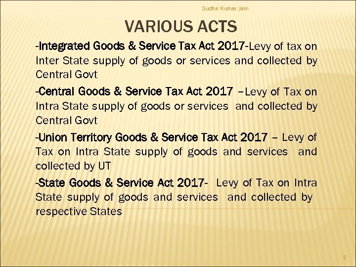 Sudhir Kumar Jain VARIOUS ACTS -Integrated Goods & Service Tax Act 2017 -Levy of