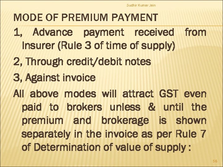 Sudhir Kumar Jain MODE OF PREMIUM PAYMENT 1, Advance payment received from Insurer (Rule