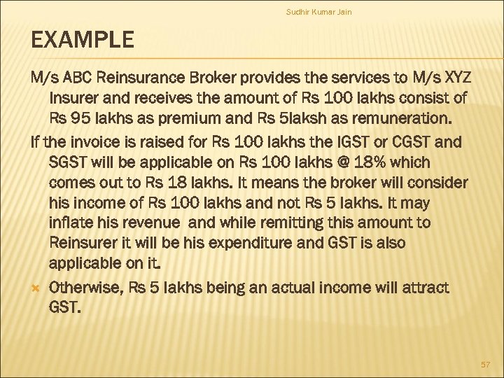 Sudhir Kumar Jain EXAMPLE M/s ABC Reinsurance Broker provides the services to M/s XYZ