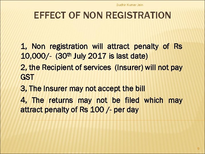 Sudhir Kumar Jain EFFECT OF NON REGISTRATION 1, Non registration will attract penalty of
