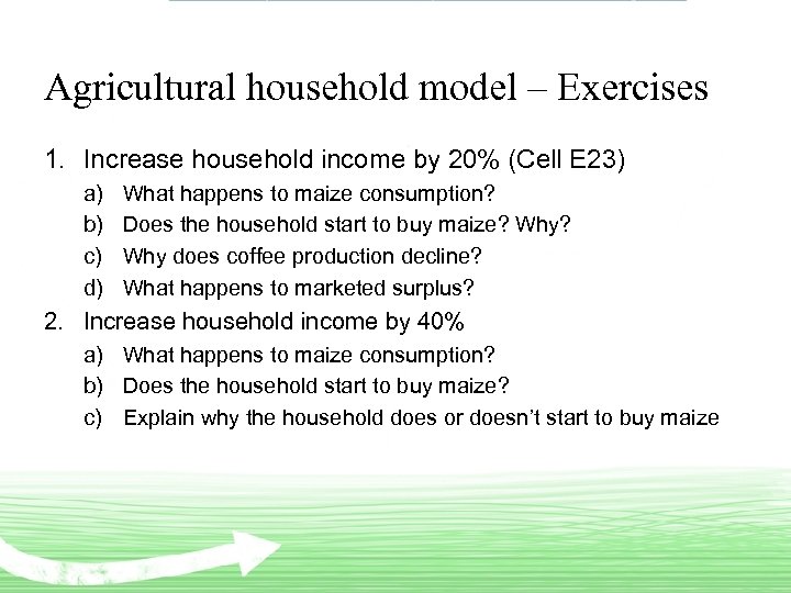 Agricultural household model – Exercises 1. Increase household income by 20% (Cell E 23)