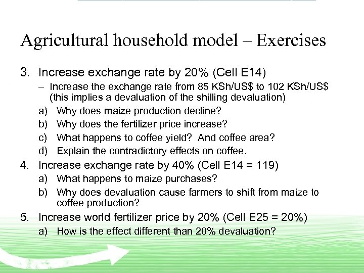 Agricultural household model – Exercises 3. Increase exchange rate by 20% (Cell E 14)