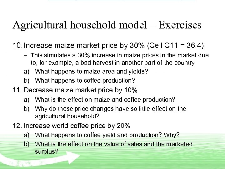 Agricultural household model – Exercises 10. Increase maize market price by 30% (Cell C