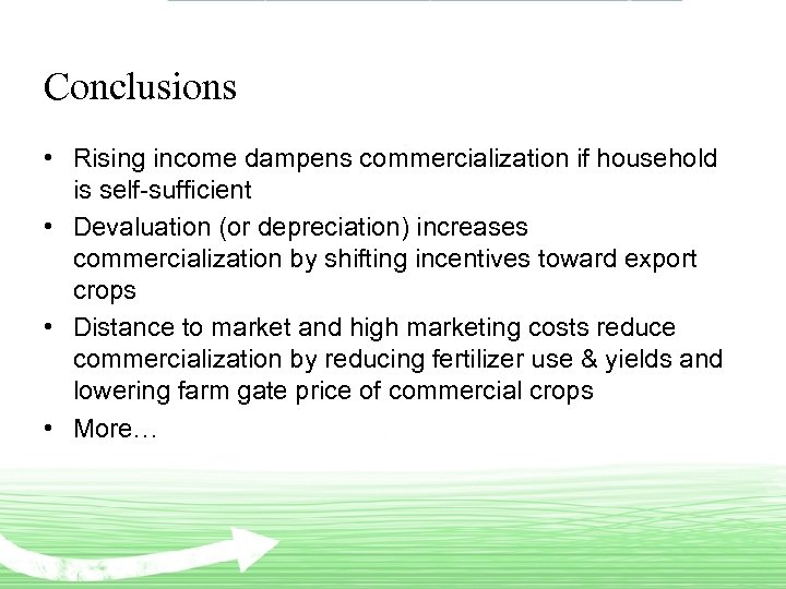 Conclusions • Rising income dampens commercialization if household is self-sufficient • Devaluation (or depreciation)