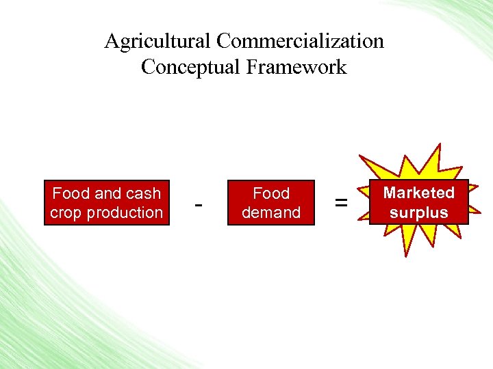 Agricultural Commercialization Conceptual Framework Food and cash crop production - Food demand = Marketed