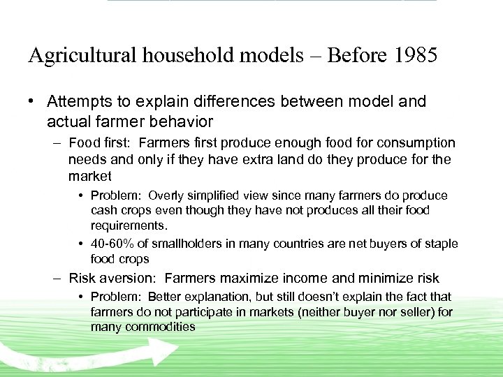 Agricultural household models – Before 1985 • Attempts to explain differences between model and