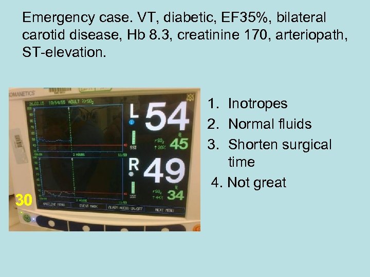 Emergency case. VT, diabetic, EF 35%, bilateral carotid disease, Hb 8. 3, creatinine 170,