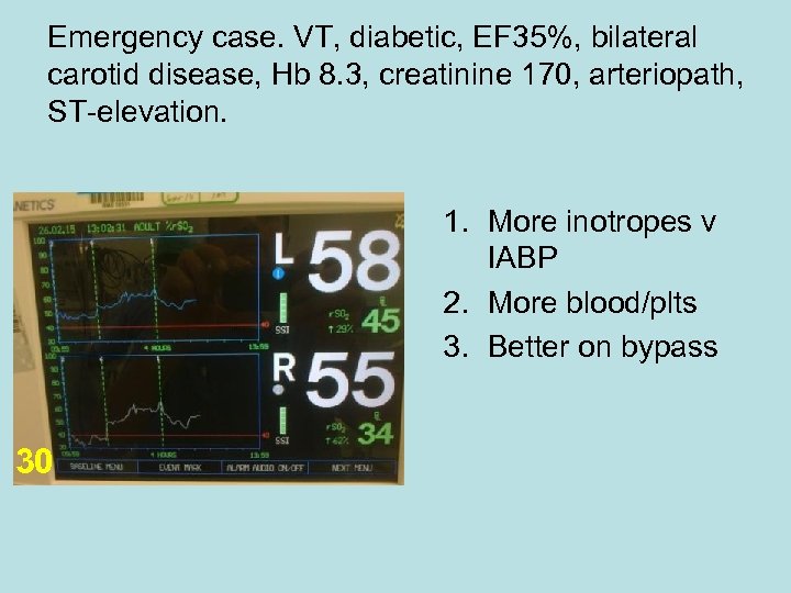 Emergency case. VT, diabetic, EF 35%, bilateral carotid disease, Hb 8. 3, creatinine 170,