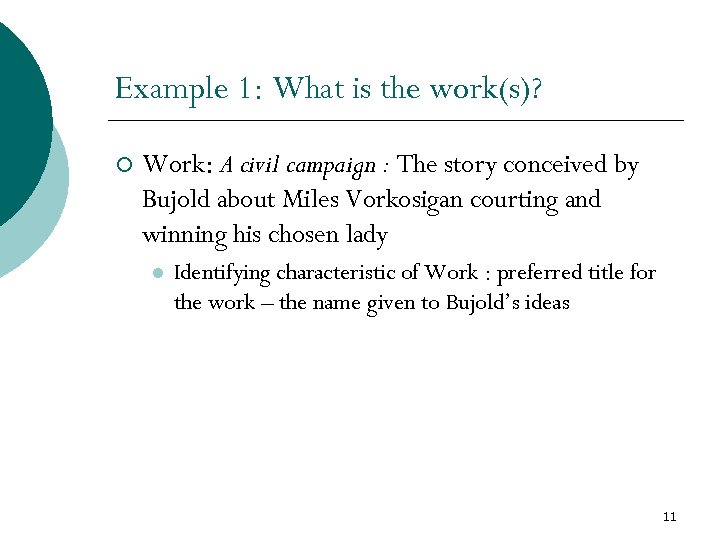 Example 1: What is the work(s)? ¡ Work: A civil campaign : The story