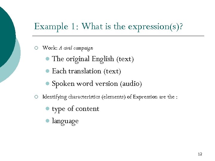 Example 1: What is the expression(s)? ¡ Work: A civil campaign The original English