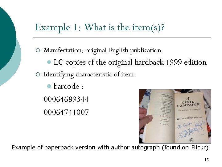 Example 1: What is the item(s)? ¡ Manifestation: original English publication l ¡ LC