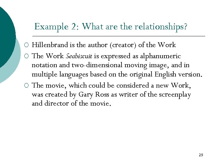 Example 2: What are the relationships? ¡ ¡ ¡ Hillenbrand is the author (creator)