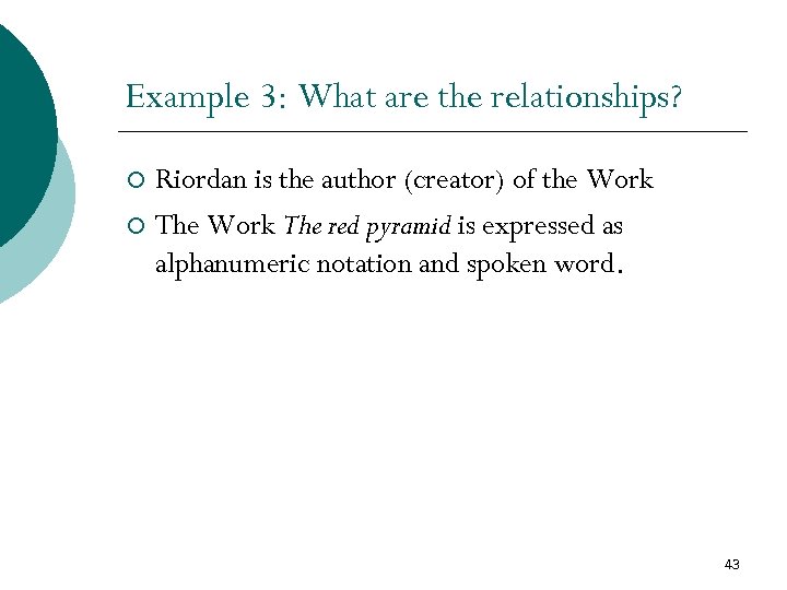 Example 3: What are the relationships? Riordan is the author (creator) of the Work