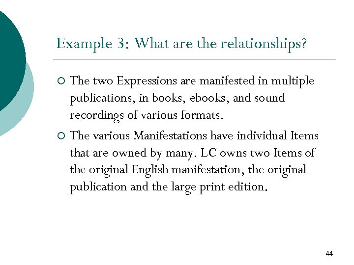 Example 3: What are the relationships? The two Expressions are manifested in multiple publications,