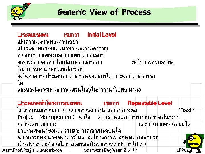 Generic View of Process qระดบเรมตน เรยกวา Initial Level เปนการพฒนาเพยงดานเดยว เปนระดบทบรษทพฒนาซอฟตแวรตองอาศย ความสามารถของบคลากรเพยงอยางเดยว ลกษณะการทำงานไมเปนทางการมากนก ยงไมการควบคมทด ไมมการวางแผนงานทเปนระบบ