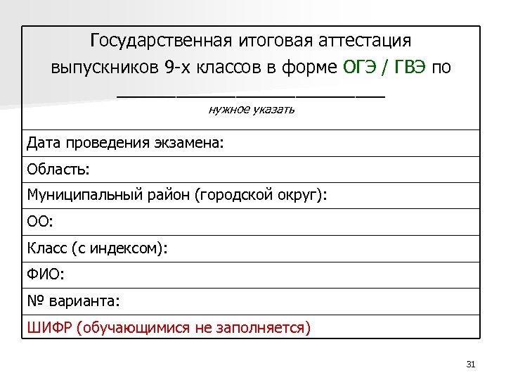 Государственная итоговая аттестация выпускников 9 -х классов в форме ОГЭ / ГВЭ по ______________