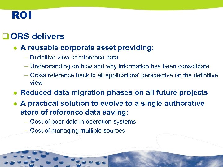 ROI q ORS delivers l A reusable corporate asset providing: – Definitive view of