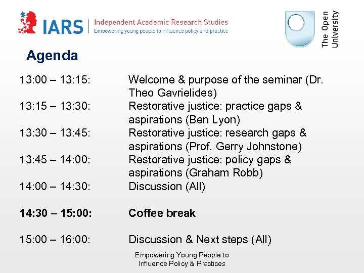 Agenda 13: 00 – 13: 15: 14: 00 – 14: 30: Welcome & purpose