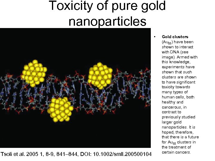 Toxicity of pure gold nanoparticles • Tsoli et al. 2005 1, 8 -9, 841–