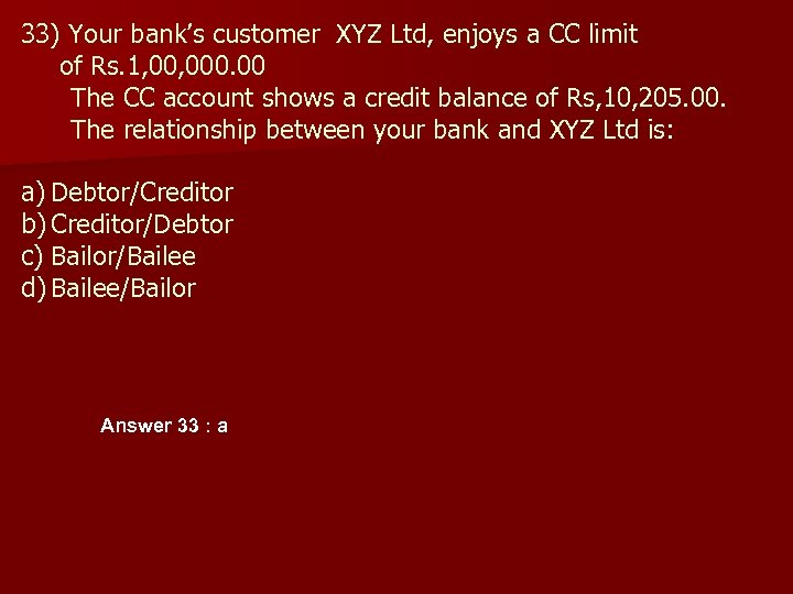 33) Your bank’s customer XYZ Ltd, enjoys a CC limit of Rs. 1, 000.