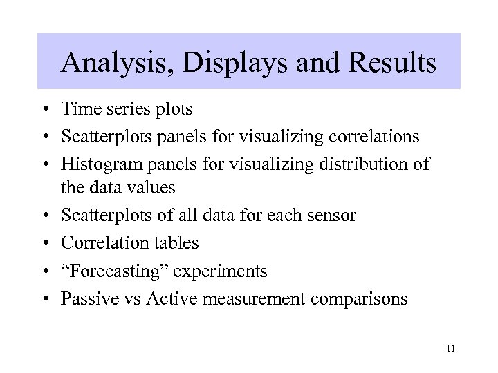 Analysis, Displays and Results • Time series plots • Scatterplots panels for visualizing correlations