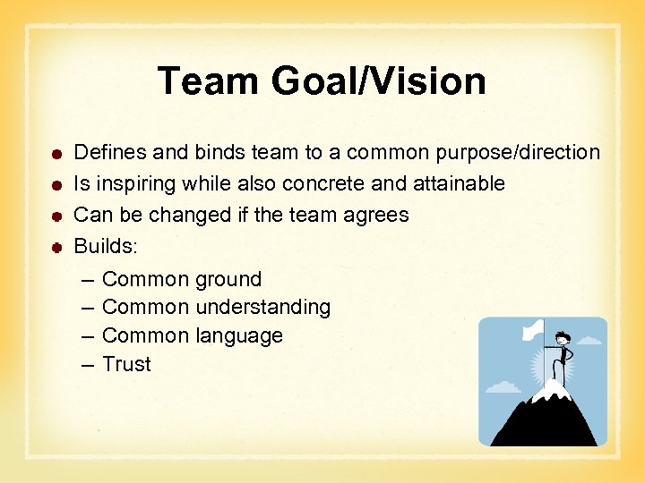 Team Goal/Vision Defines and binds team to a common purpose/direction Is inspiring while also