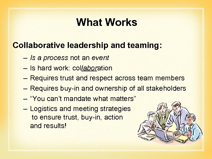 What Works Collaborative leadership and teaming: – – – Is a process not an