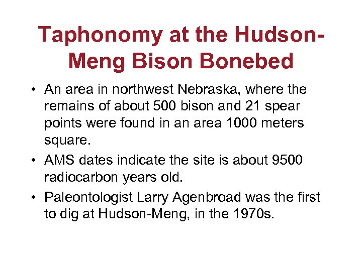 Taphonomy at the Hudson. Meng Bison Bonebed • An area in northwest Nebraska, where