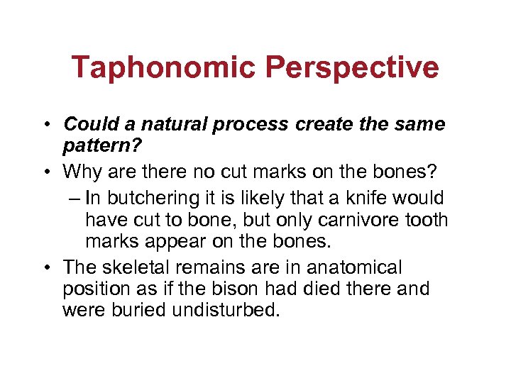 Taphonomic Perspective • Could a natural process create the same pattern? • Why are