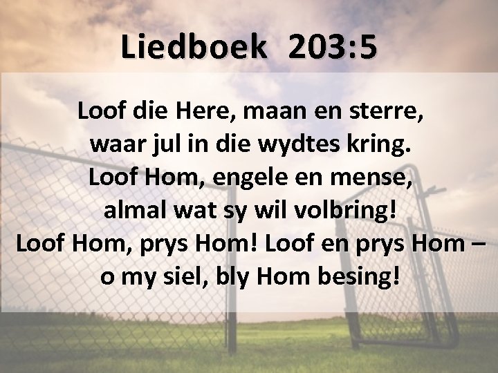 Liedboek 203: 5 Loof die Here, maan en sterre, waar jul in die wydtes