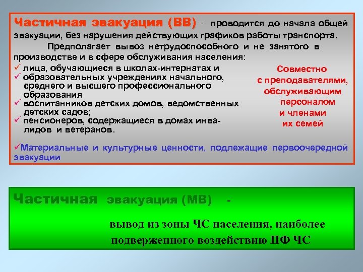 Частичная эвакуация (ВВ) - проводится до начала общей эвакуации, без нарушения действующих графиков работы