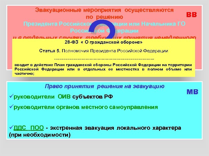 Эвакуация мероприятия. Эвакуационные мероприятия осуществляются по решению. .Эвакуационные меры:. Мероприятия гражданской обороны по решению президента. Мероприятия по го выполняемые по отдельным решениям президента.