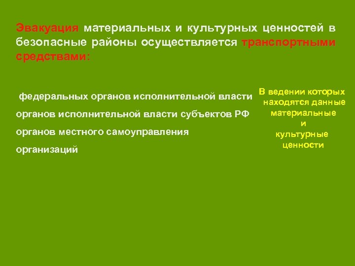 Эвакуация материальных и культурных ценностей в безопасные районы осуществляется транспортными средствами: федеральных органов исполнительной