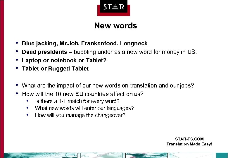 New words • • Blue jacking, Mc. Job, Frankenfood, Longneck Dead presidents – bubbling