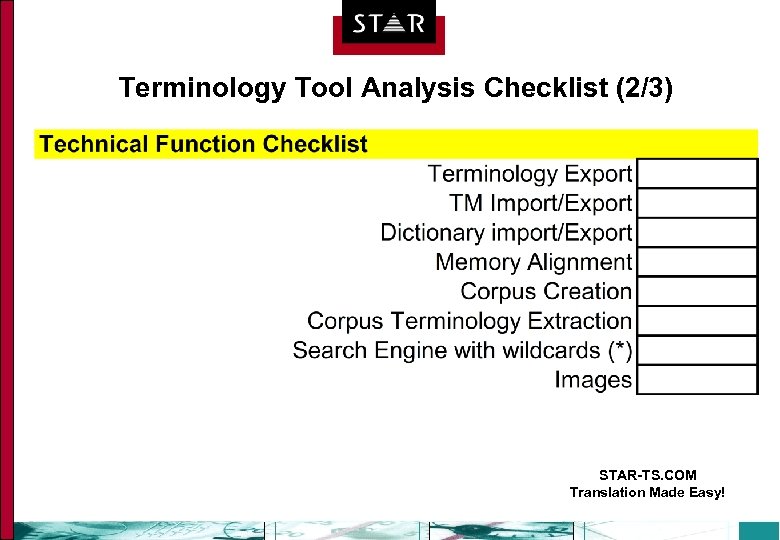Terminology Tool Analysis Checklist (2/3) STAR-TS. COM Translation Made Easy! 