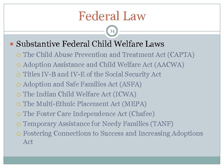 Federal Law 14 Substantive Federal Child Welfare Laws The Child Abuse Prevention and Treatment
