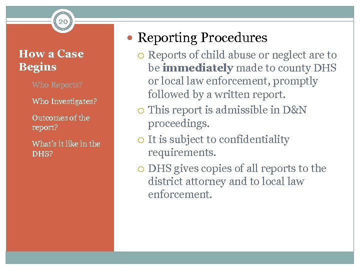 20 Reporting Procedures How a Case Begins 1. Who Reports? 2. Who Investigates? 3.