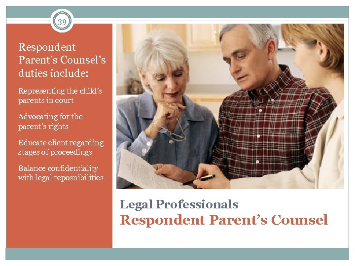 39 Respondent Parent’s Counsel’s duties include: Representing the child’s parents in court Advocating for