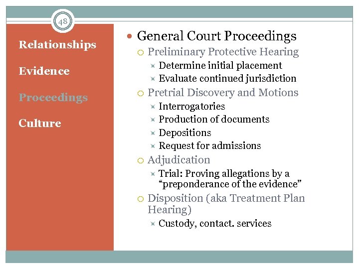 48 Relationships General Court Proceedings Determine initial placement Evidence Proceedings Preliminary Protective Hearing Evaluate