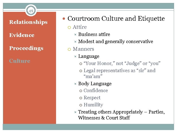 49 Relationships Courtroom Culture and Etiquette Attire Business attire Evidence Modest and generally conservative