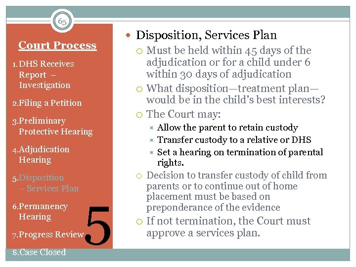 65 Court Process 1. DHS Receives Report – Investigation 2. Filing a Petition 3.