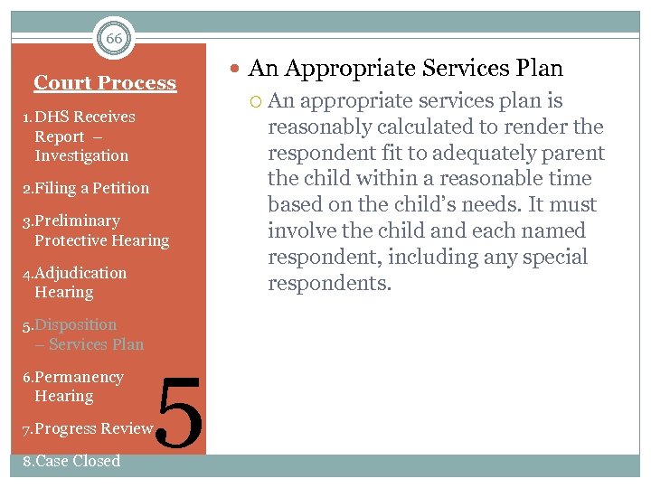 66 Court Process 1. DHS Receives Report – Investigation 2. Filing a Petition 3.