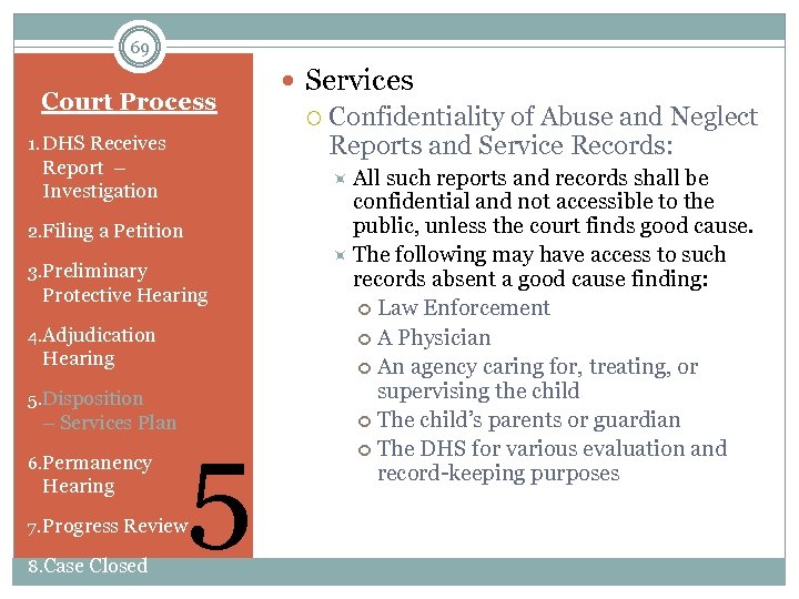 69 Court Process 1. DHS Receives Report – Investigation All such reports and records